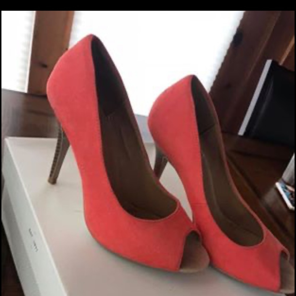 Coral peep toe heels